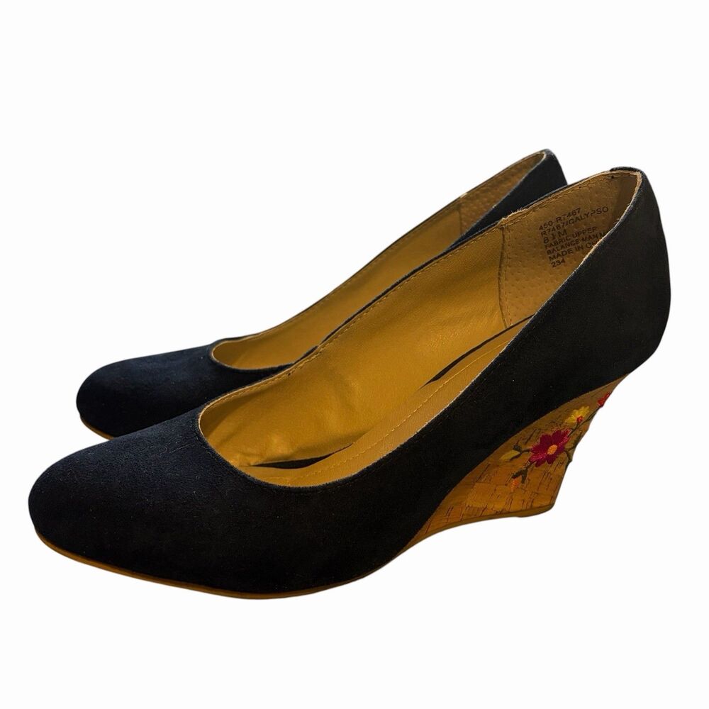 Rialto  Wedge Heels Women Size 8.5 Floral Embroidered Cork Heel Navy Suede